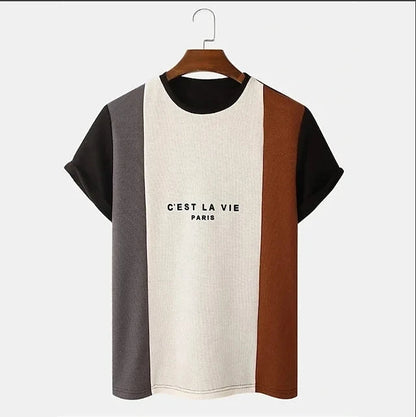 Men's C'EST LA VIE Paris Color Block T-Shirt Beige Gray Brown Casual Short Sleeve Fashion Top    Home Decor Supply | Online Retail | ShoreShopper.com