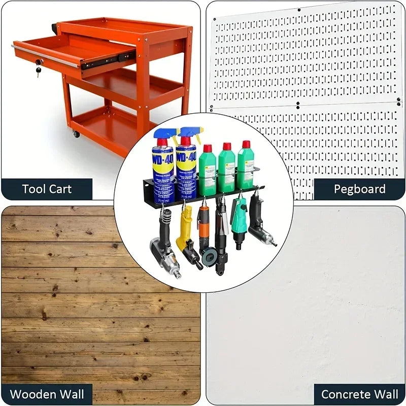 Pneumatic Tool Holder and Aerosol Rack Combo, Wall Mounted Metal Spray Can Bottle Holder Air Tool Organizer Rack for Garages - ShoreCo.Shop