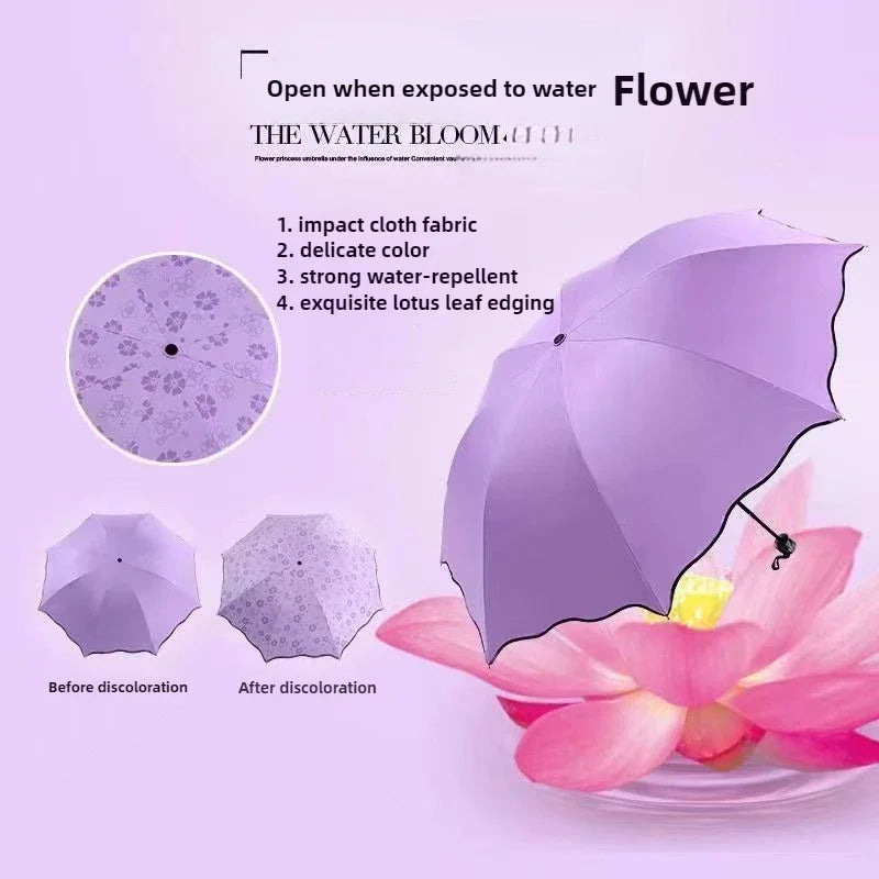 Umbrella Encountering Water Flowering 3-Fold Handheld Travel Umbrella UV Protection Portable Rain Umbrella with Parasol Frame    Your Coastal Marketplace | Shoreshopper.com