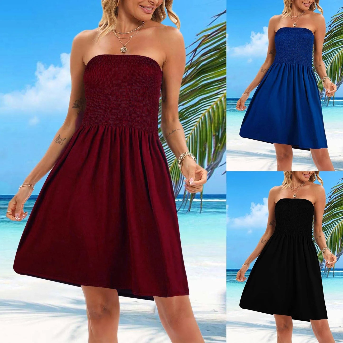 Sexy Off Shoulder Strapless Dress Women Summer Pleated Elastic Waist Party Beach Dresses Ladies Elegant Beach Flowy A Line Dress - ShoreCo.Shop