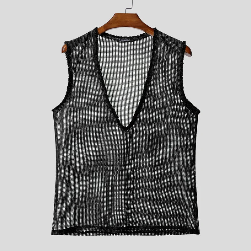 INCERUN Men Tank Tops Hollow Out Mesh See Through Sexy Tassel Male Vests Summer 2025 Solid Color Fashion Streetwear Men Clothing - ShoreCo.Shop
