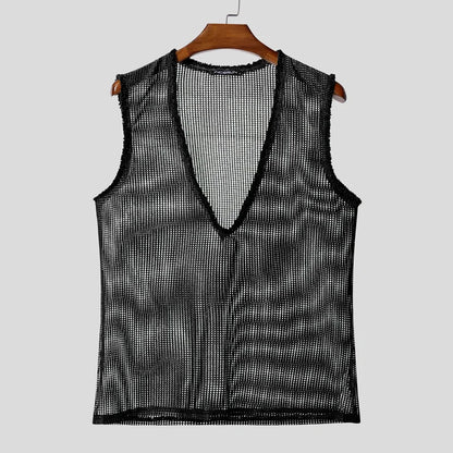 INCERUN Men Tank Tops Hollow Out Mesh See Through Sexy Tassel Male Vests Summer 2025 Solid Color Fashion Streetwear Men Clothing - ShoreCo.Shop