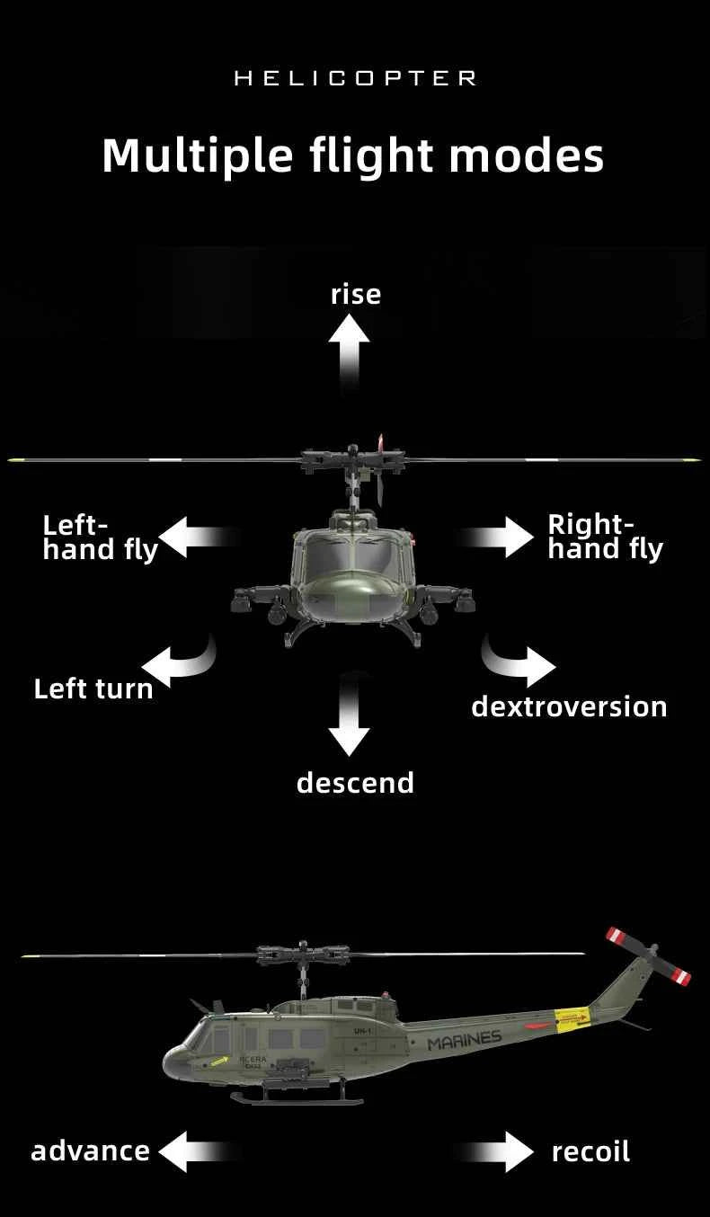 RC ERA Weathered Marine C032 UH1Huey One Click Inverted Flight TOF Optical Flow Gyro Stabilized RC Helicopter for Adults