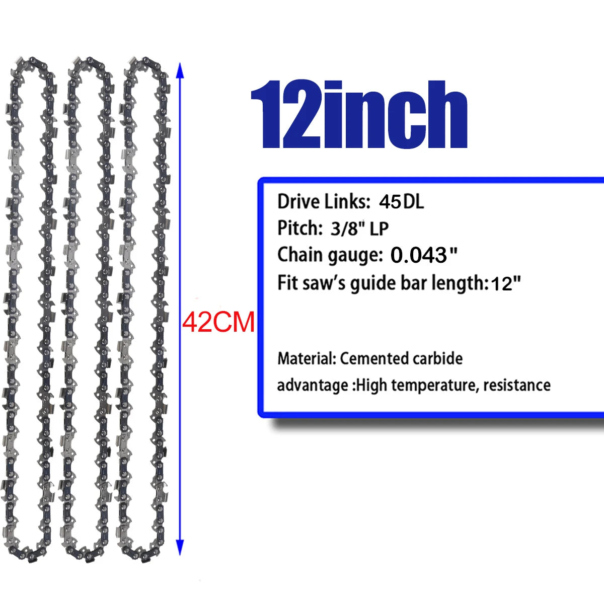 12 Inch Chainsaw Chain 3/8" LP Pitch .043'' Gauge 45 Drive Links Fits For DeWalt DCCS620P1 Ryobi, Craftsman, Makita and More - ShoreCo.Shop