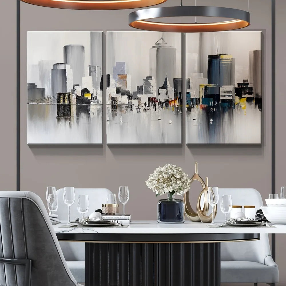 3 oil wall art - Modern New York print, colorful abstract cityscape of Brooklyn Bridge painting,1.5 inch thick wood frame    Home Decor Supply | Online Retail | ShoreShopper.com