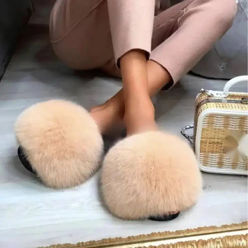 Summer Women Fur Slides Fluffy Furry Slippers Indoor Fuzzy Flip Flops Casual Outdoor Flat Ladies Fur Sandals Plush House Shoes - ShoreCo.Shop
