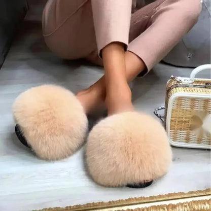 Summer Women Fur Slides Fluffy Furry Slippers Indoor Fuzzy Flip Flops Casual Outdoor Flat Ladies Fur Sandals Plush House Shoes - ShoreCo.Shop
