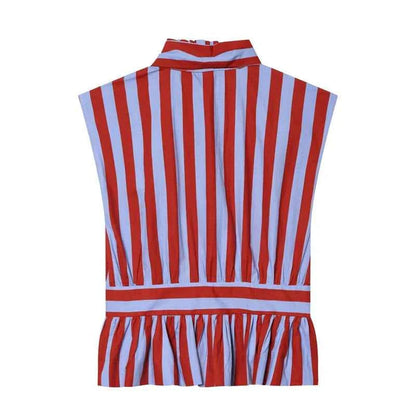Women's Shirt 2026 Summer New Style Striped Sleeveless Waist-Fitted Shirt with Bow Decoration Romantic Style Personality Fashion