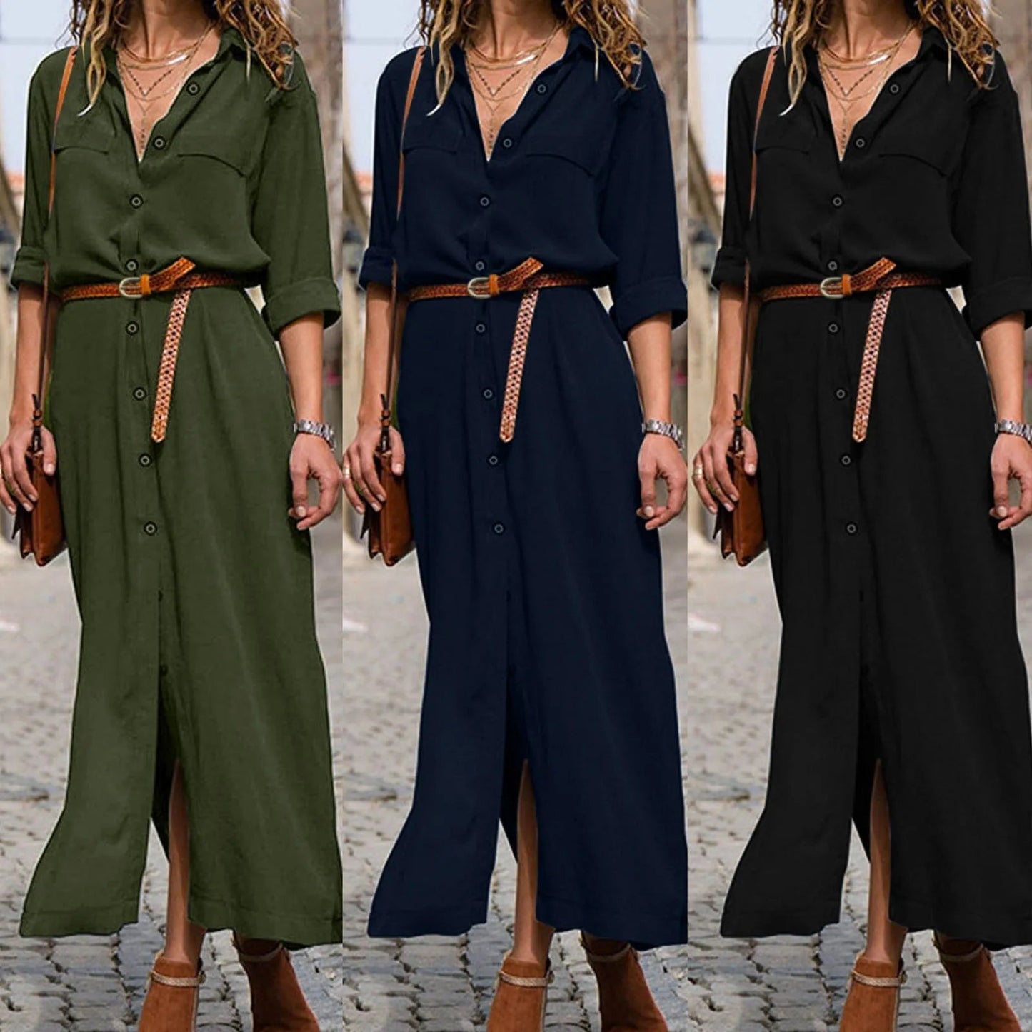 Womens Lace Up Tunic Dresses Summer Streetwear Long Sleeve Shirt Dresses With Belt casual Solid Color Linen Maxi Dress for women    Home Decor Supply | Online Retail | ShoreShopper.com