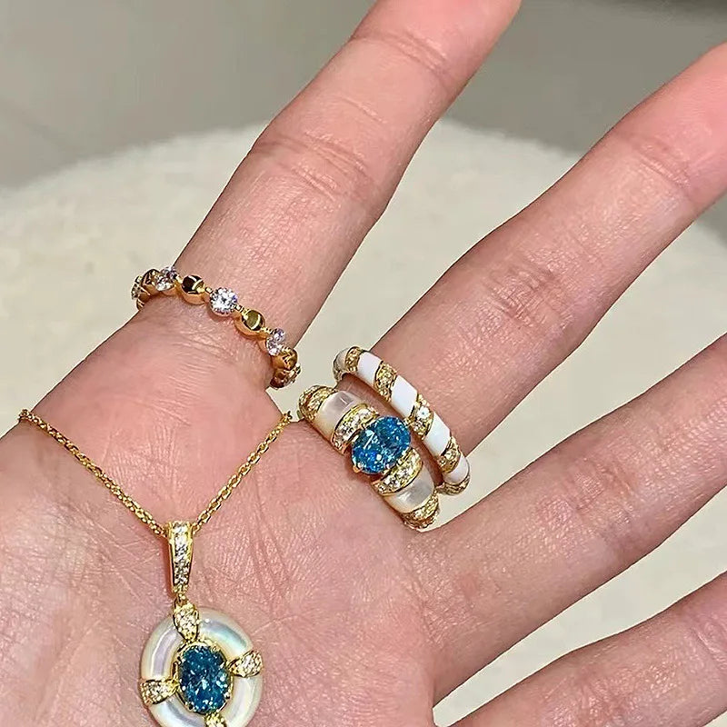 Classic blue jewelry sets dreamy aquamarine gem White Fritillaria ring necklace High quality palace style retro wedding gift    Home Decor Supply | Online Retail | ShoreShopper.com