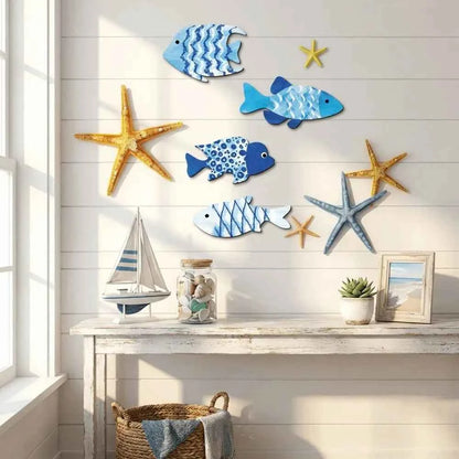 Marine Style Wooden Fish Wall Decor Ocean Theme School of Fish Fish Hanging Decor Handcrafted Rustic Carving Fish Pendant