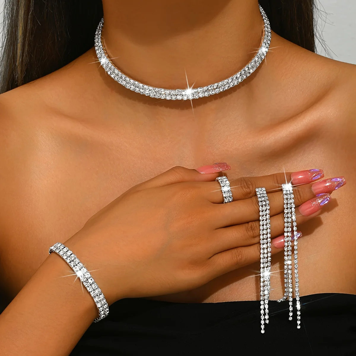 5pcs Luxurious Rhinestone Jewelry Set for Women,Choker, Earrings, Stretch Bracelet & Ring for Weddings, Banquets & Parties    Home Decor Supply | Online Retail | ShoreShopper.com