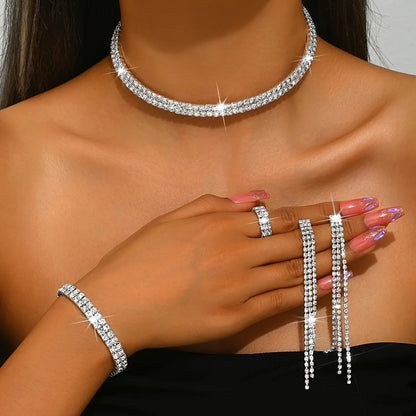 5pcs Luxurious Rhinestone Jewelry Set for Women,Choker, Earrings, Stretch Bracelet & Ring for Weddings, Banquets & Parties    Home Decor Supply | Online Retail | ShoreShopper.com