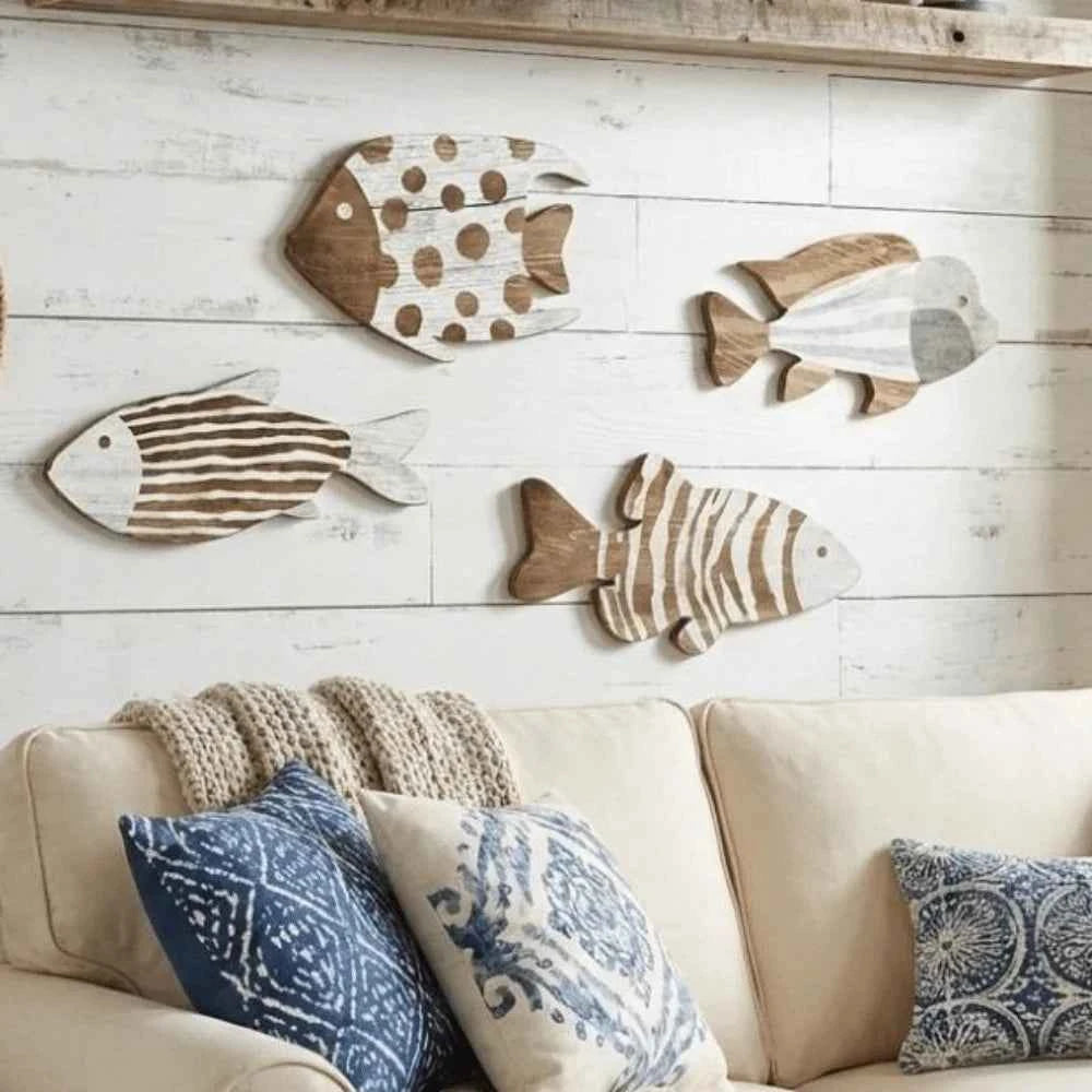 Marine Style Wooden Fish Wall Decor School of Fish Rustic Carving Fish Pendant Handcrafted Ocean Theme Nautical Wall Art