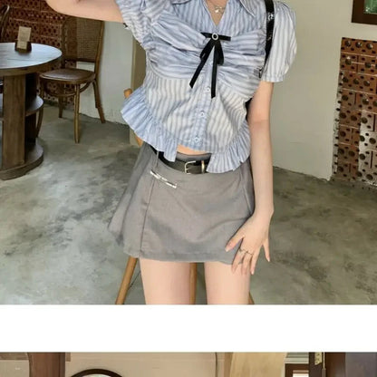 Bow-rinked Striped Shirt for Women Summer French Sweet and Spicy Puff Sleeve Shirt Short Short Sleeve Top    Home Decor Supply | Online Retail | ShoreShopper.com
