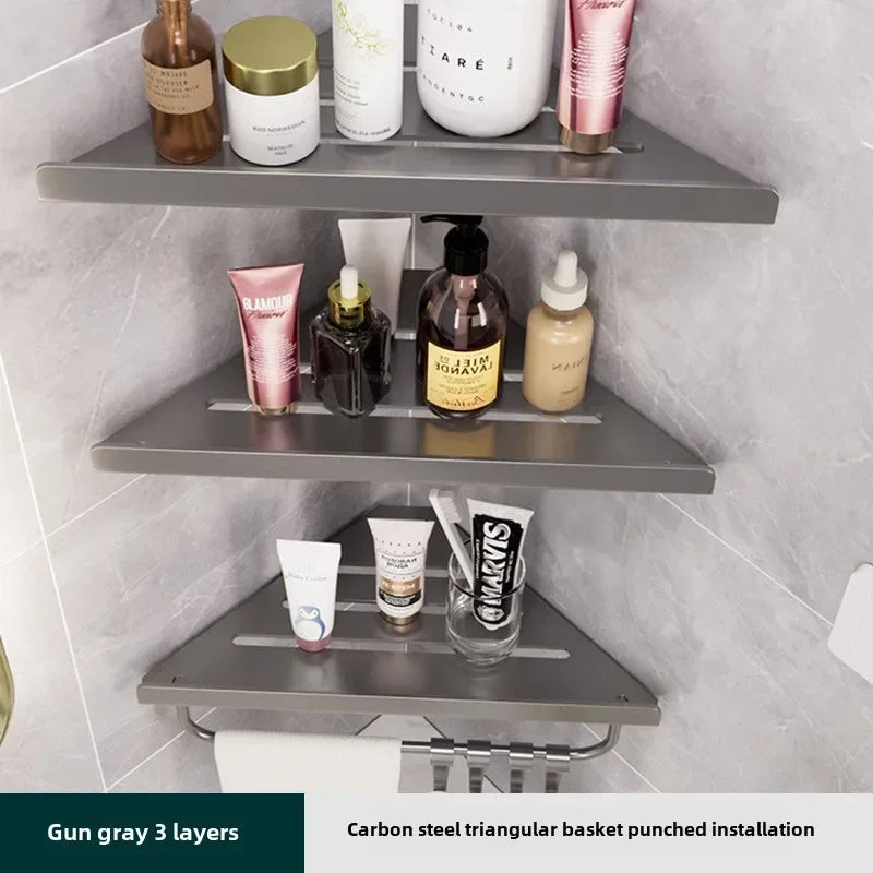 Bathroom Triangle Drain Shelf No Drilling Wall Mounted Cosmetic and Toiletries Hollow Carbon Steel Shelf with Hooks    Home Decor Supply | Online Retail | ShoreShopper.com