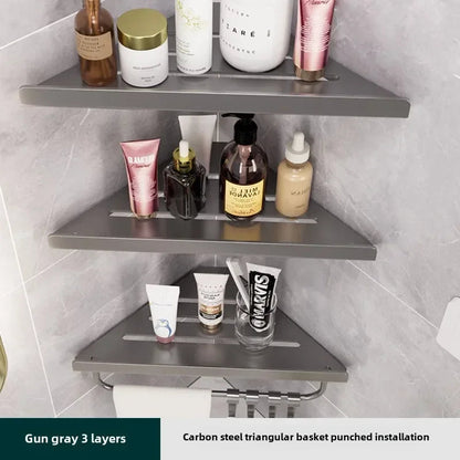 Bathroom Triangle Drain Shelf No Drilling Wall Mounted Cosmetic and Toiletries Hollow Carbon Steel Shelf with Hooks    Home Decor Supply | Online Retail | ShoreShopper.com