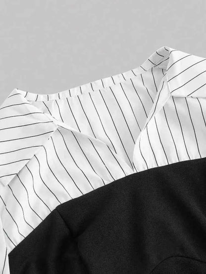 Women Elegant Striped Shirt Business Casual Office Blouse with Lapel Spliced Design Fashion Slim Fit Work Shirt