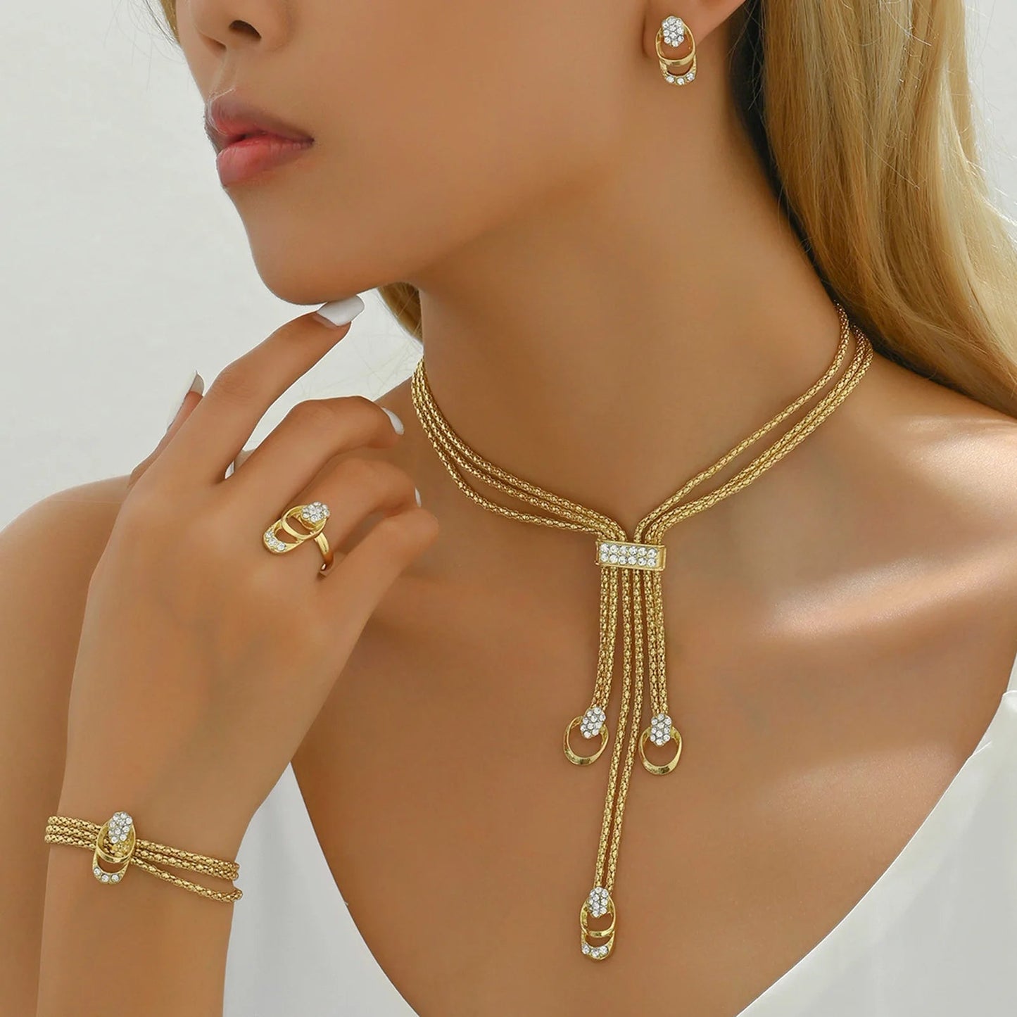 2025 Fashion Jewelry Set Luxury Alloy Long Tassel Necklace Bracelet Earrings Rings Elegant Women Banquet Wedding Accessories    Home Decor Supply | Online Retail | ShoreShopper.com
