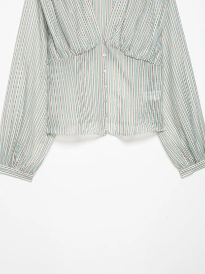 Women Sexy Shirts Spring Summer New Female V-Neck Long Sleeve Shirt Waist-Cinching Striped Tops Lady Chic Casual Holiday Blouses    Your Coastal Marketplace | Shoreshopper.com
