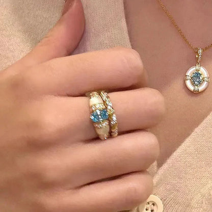 Classic blue jewelry sets dreamy aquamarine gem White Fritillaria ring necklace High quality palace style retro wedding gift    Home Decor Supply | Online Retail | ShoreShopper.com