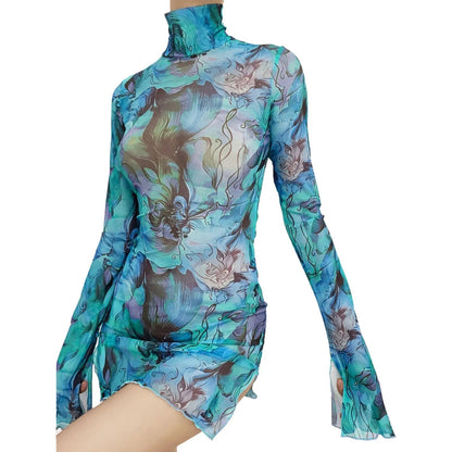 Top Selling Mesh Printed Round Neck Womens Dresses For Teens Plus Size Bell Sleeve Side Open Hip Dress Vestidos Para Mujer    Home Decor Supply | Online Retail | ShoreShopper.com