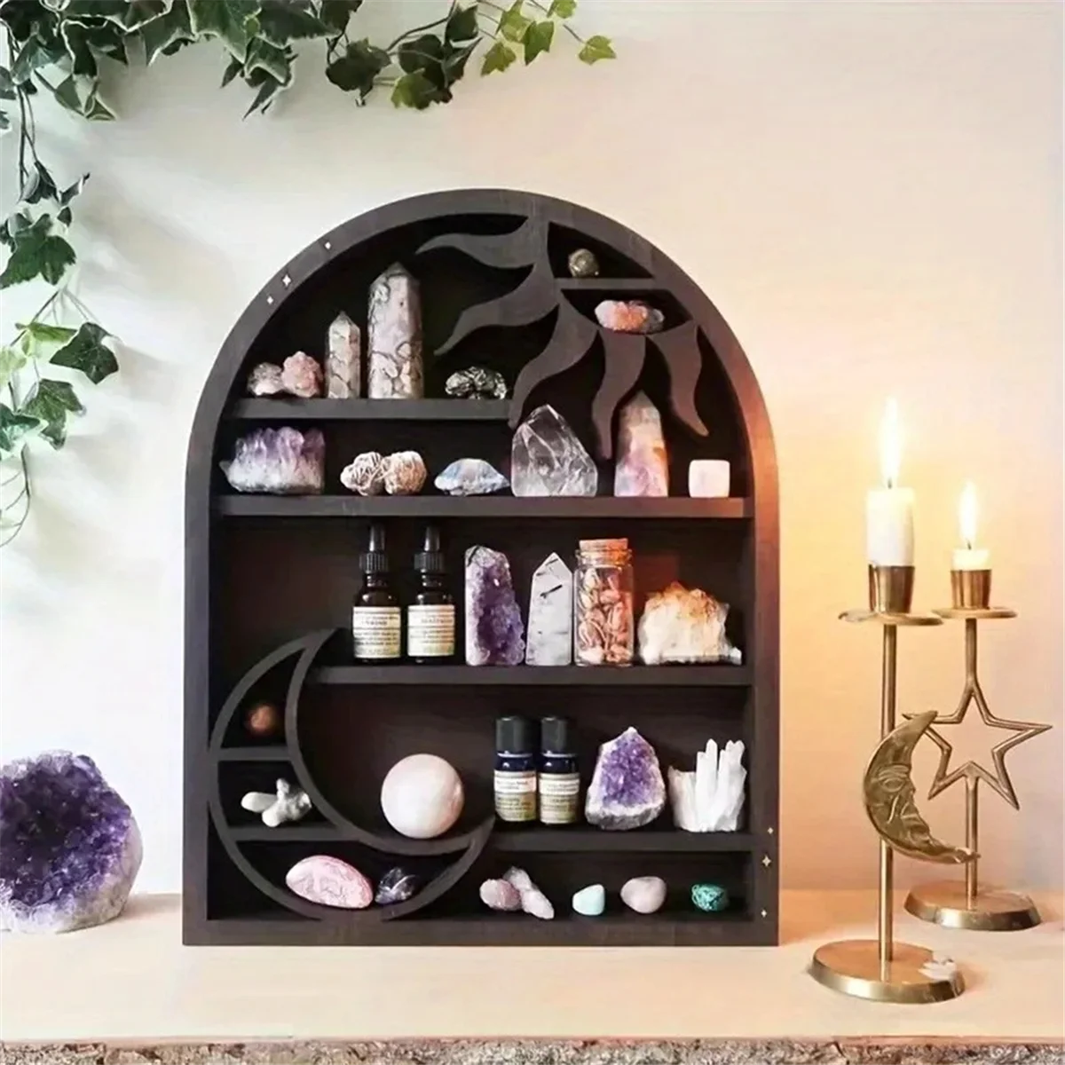 Wood Storage Shelf - Stylish and Practical Wall Shelf, Crescent Sun and Moon Crystal Shelf    Home Decor Supply | Online Retail | ShoreShopper.com