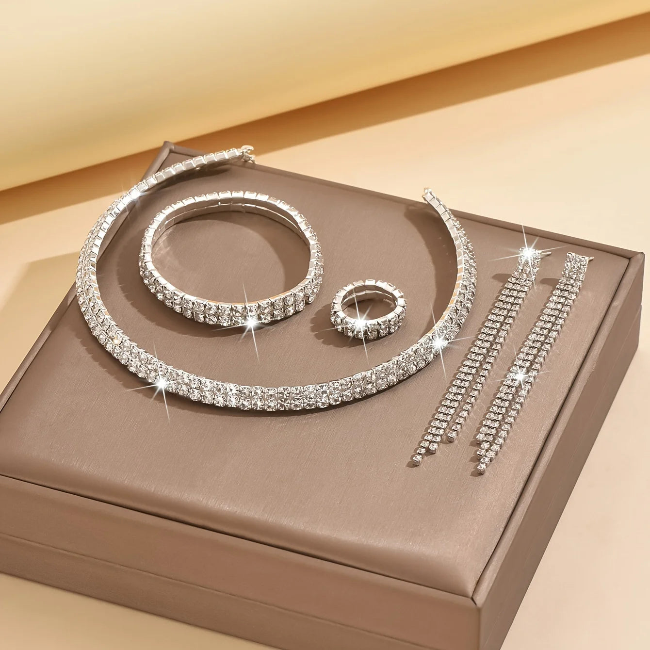 5pcs Luxurious Rhinestone Jewelry Set for Women,Choker, Earrings, Stretch Bracelet & Ring for Weddings, Banquets & Parties    Home Decor Supply | Online Retail | ShoreShopper.com