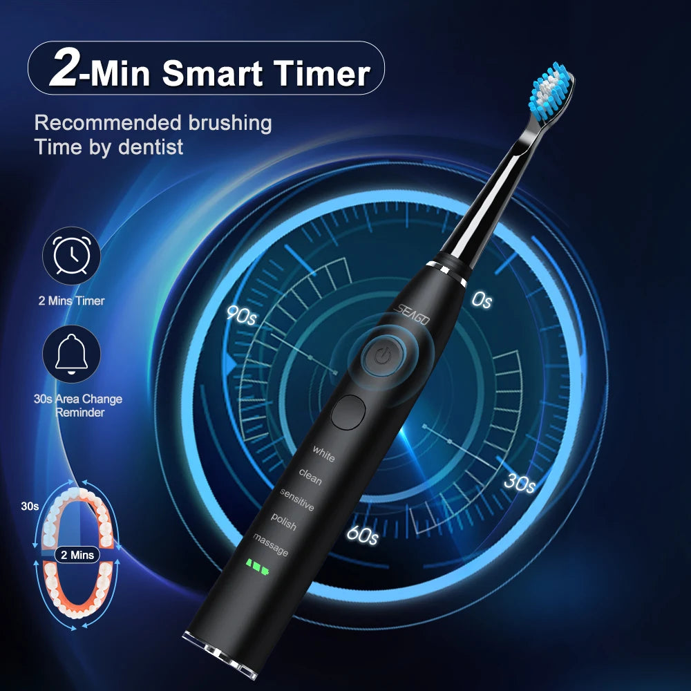 Seago Electric Sonic Toothbrush USB Rechargeable Adult 360 Days Long Battery Life IPX7 4 Replacement Heads Travel Box  SG-575 - ShoreCo.Shop