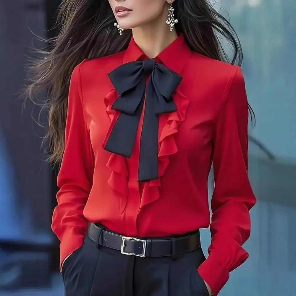Women Shirts 2026 Spring Autumn Women Shirt Lapel Bow Ruffle Design Long Sleeve Shirt Tops Buttons Closure Shirt Blouses Tops    Your Coastal Marketplace | Shoreshopper.com