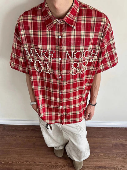 Trendy Pearls Stitching Shirts For Men 2025 Summer New Casual Plaid Shirt Mens Vintage Button-up Turn-down Collar Cardigan Tops    Home Decor Supply | Online Retail | ShoreShopper.com
