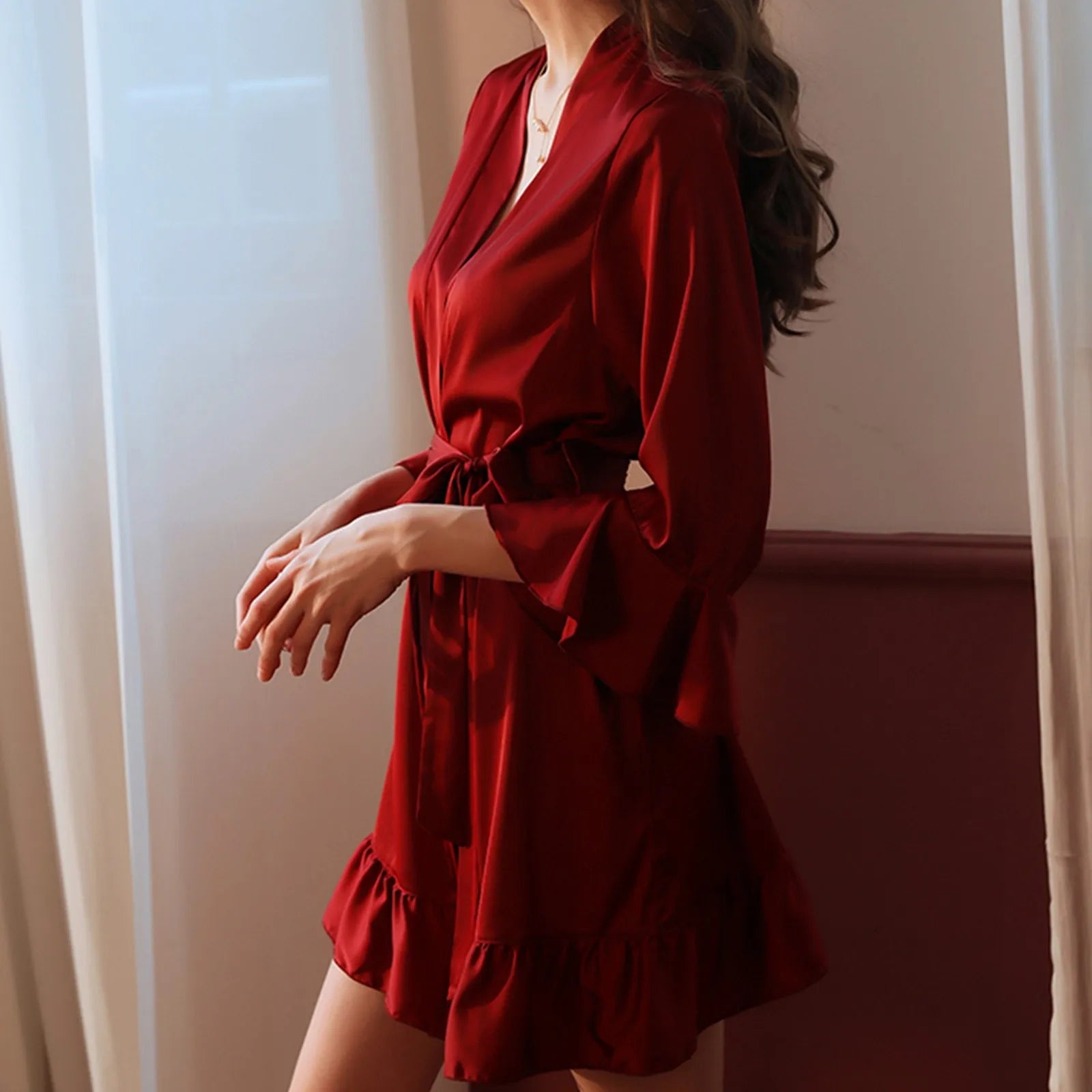 Sexy Flare Sleeve Kimono Gown Women Wedding Robe Silk Rayon Home Dress Elegant Ruffle Sleepwear Cozy Nightgown Intimate Lingerie - ShoreCo.Shop
