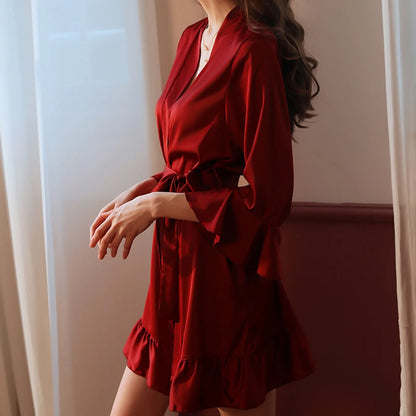 Sexy Flare Sleeve Kimono Gown Women Wedding Robe Silk Rayon Home Dress Elegant Ruffle Sleepwear Cozy Nightgown Intimate Lingerie - ShoreCo.Shop