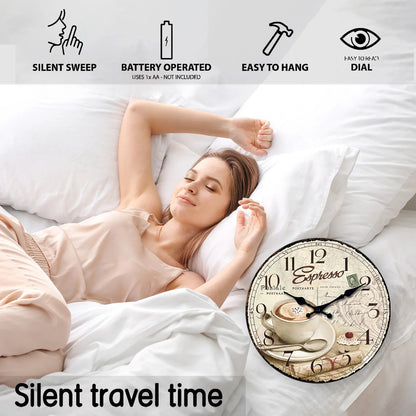 European Retro Coffee Cup Pattern Wooden Wall Clock for Living Room, Bedroom, Kitchen, Home Decoration, Silent Quartz Clock, Holiday Gift, 10 Inches, 12 Inches (No Battery)    Home Decor Supply | Online Retail | ShoreShopper.com