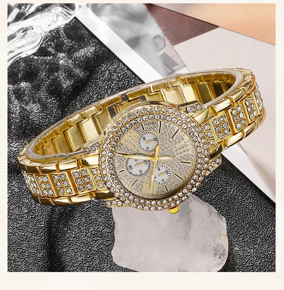 Women's Quartz Watch Gold Luxury Women Ring Necklace Earring Rhinestone Fashion Wristwatch Casual Ladies Watches Jewelry Set    Home Decor Supply | Online Retail | ShoreShopper.com