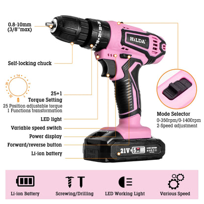 HILDA 21V Pink Drill Electric Drill Electric Screwdriver  Cordless Drill Mini Wireless Power Tools Lithium-Ion Battery - ShoreCo.Shop