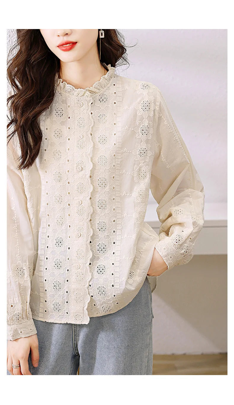 Women'S Shirt Spring Hollow Lace Ruffles O Neck Elegant Apricot Tops Long Sleeve Embroidered Cotton Shirt Vitnage Office Lady    Your Coastal Marketplace | Shoreshopper.com