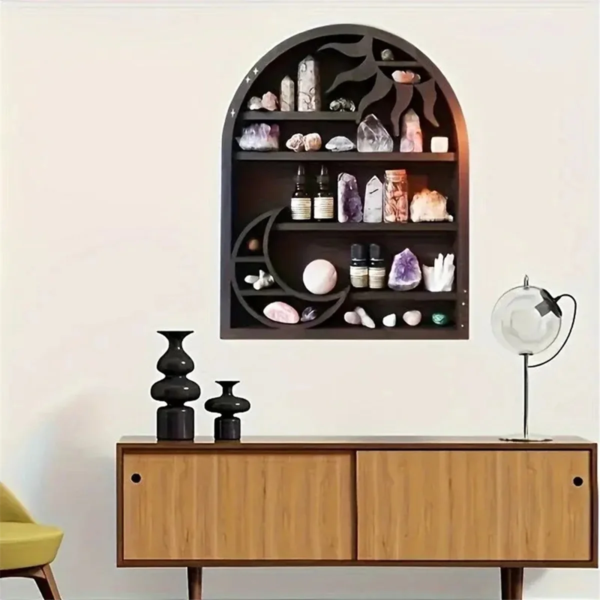 Wood Storage Shelf - Stylish and Practical Wall Shelf, Crescent Sun and Moon Crystal Shelf    Home Decor Supply | Online Retail | ShoreShopper.com