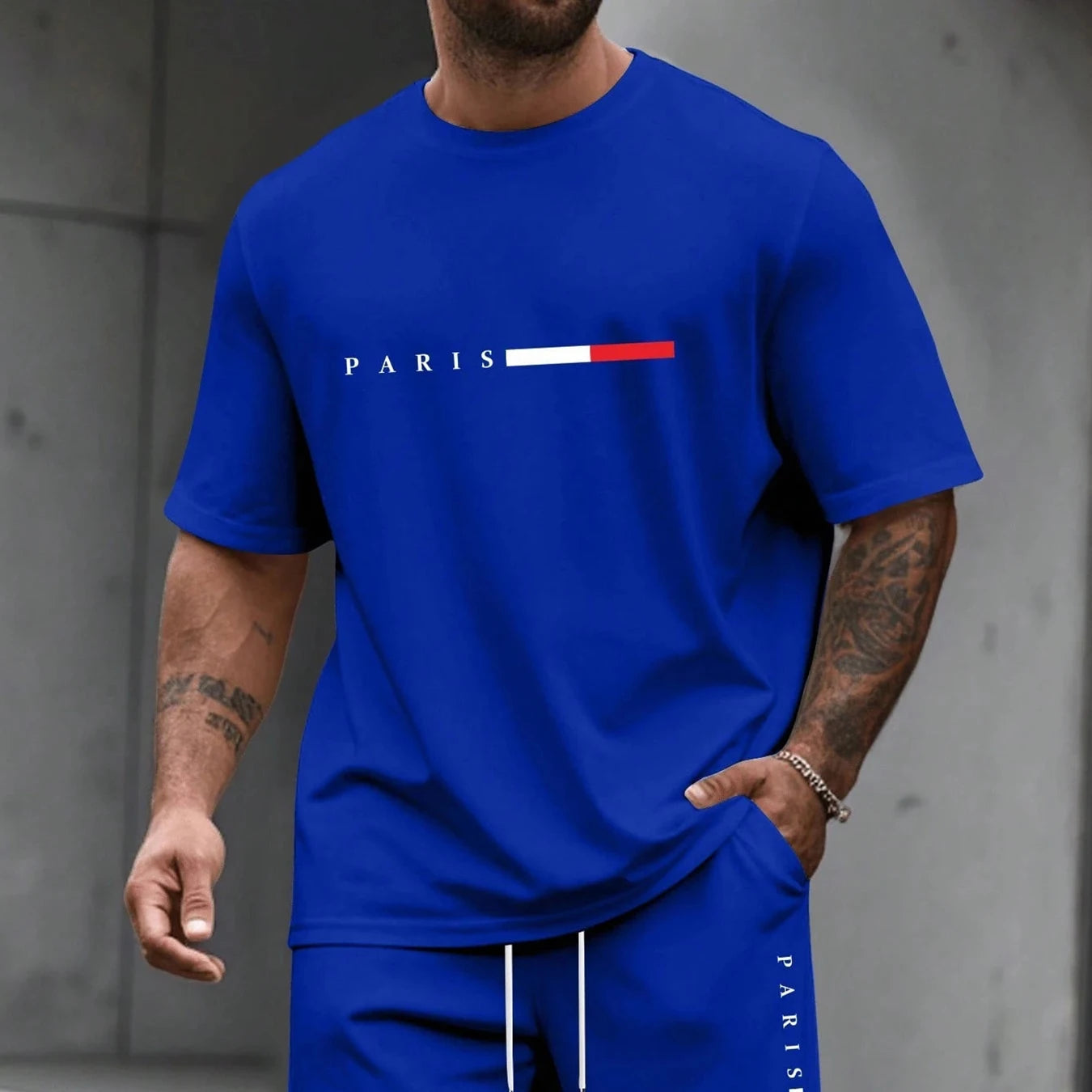 Paris Letter Print Men Spring and Summer Two Pieces Set Casual Round Neck Short Sleeve T-shirt Shorts Sport Suit Print Clothing    Home Decor Supply | Online Retail | ShoreShopper.com