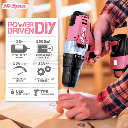 Hi-Spec 92-Piece Pink Home Tool Box Set, Multi-Function Hand Repair Kit with Hammer Cordless Power Drill Combo for Household DIY - ShoreCo.Shop