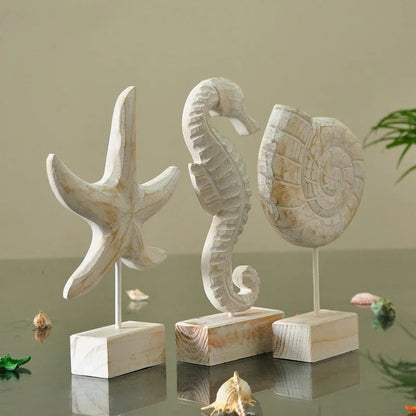 Mediterranean Wood Carving Sculpture - Starfish, Conch & Hippocampus Marine Decor for Home & Living Room    Your Coastal Marketplace | Shoreshopper.com