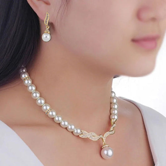 Women's 2 Piece Jewelry Sets One Gold Color Necklace + 1 Pair Earrings Wedding Bridal Pearl Elegant Decoration Pendientes Gifts    Home Decor Supply | Online Retail | ShoreShopper.com
