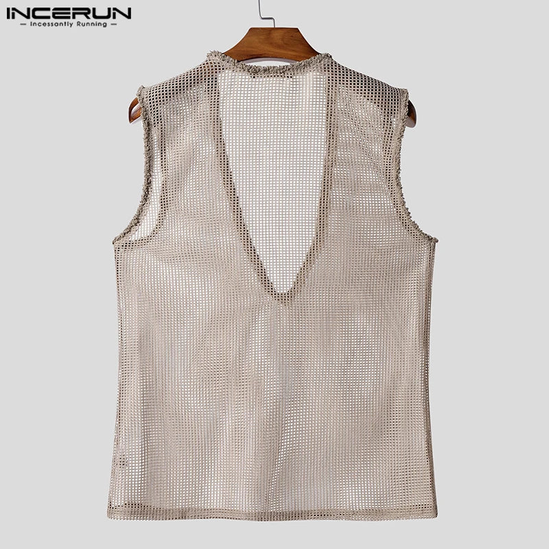 INCERUN Men Tank Tops Hollow Out Mesh See Through Sexy Tassel Male Vests Summer 2025 Solid Color Fashion Streetwear Men Clothing - ShoreCo.Shop