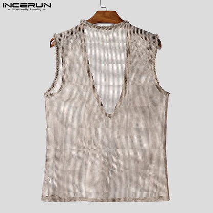 INCERUN Men Tank Tops Hollow Out Mesh See Through Sexy Tassel Male Vests Summer 2025 Solid Color Fashion Streetwear Men Clothing - ShoreCo.Shop