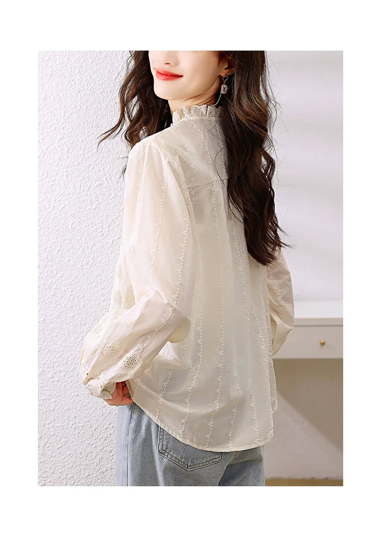 Women'S Shirt Spring Hollow Lace Ruffles O Neck Elegant Apricot Tops Long Sleeve Embroidered Cotton Shirt Vitnage Office Lady    Your Coastal Marketplace | Shoreshopper.com