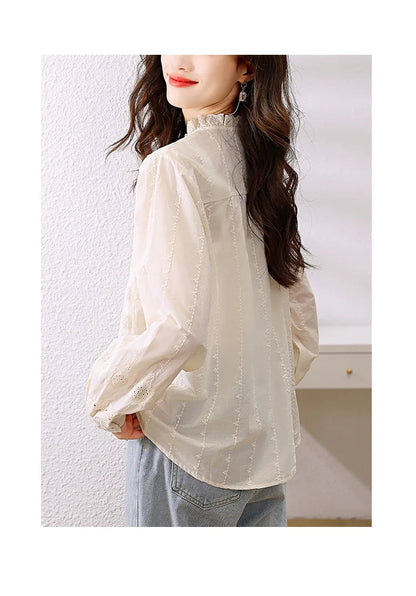 Women'S Shirt Spring Hollow Lace Ruffles O Neck Elegant Apricot Tops Long Sleeve Embroidered Cotton Shirt Vitnage Office Lady    Your Coastal Marketplace | Shoreshopper.com