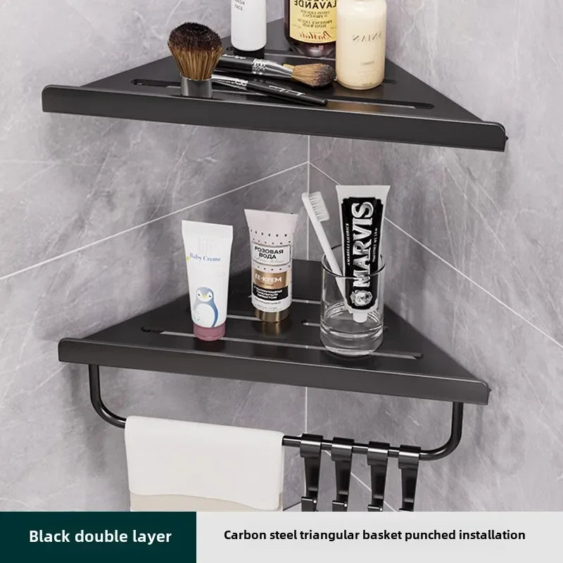 Bathroom Triangle Drain Shelf No Drilling Wall Mounted Cosmetic and Toiletries Hollow Carbon Steel Shelf with Hooks    Home Decor Supply | Online Retail | ShoreShopper.com