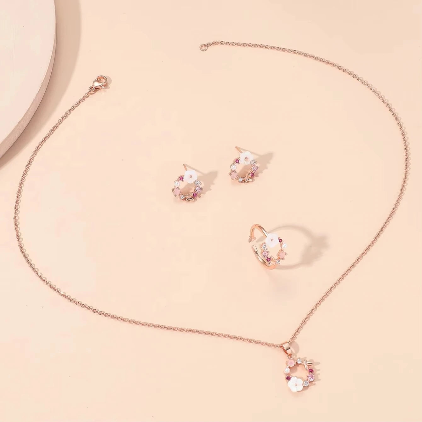 4 Pieces Rose Gold-color Lady Flower Fashion Accessories Zircon Simple Ornate Exquisite Necklace Ring Earrings Jewelry Set    Home Decor Supply | Online Retail | ShoreShopper.com