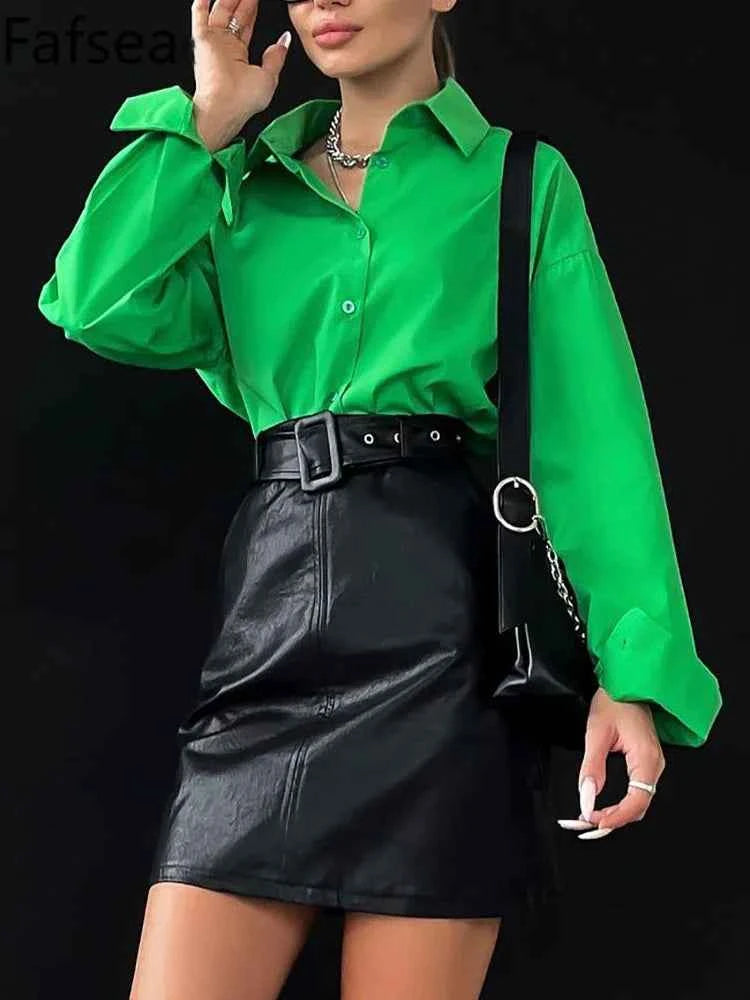 Women's Shirt Beautiful Cotton Oversized Candy Colors Shirts & Blouses Long SleevesSolid Green Blouses for Women Fashion 2025