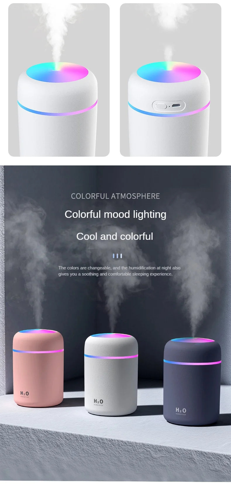 Portable Mini Air Humidifier For Bedroom,Personal Desktop,Car With Colorful Mood Lighting 2 Mist Modes And Auto Shut-Off - ShoreCo.Shop